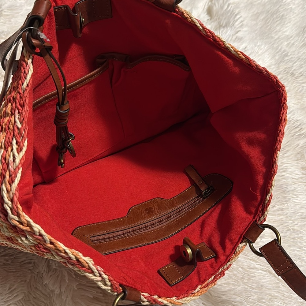 Lucky Brand ๐ Red, Orange, & Tan Woven Straw Tote Bag w/ Brown Handles Nโฆ - Picture 13 of 16